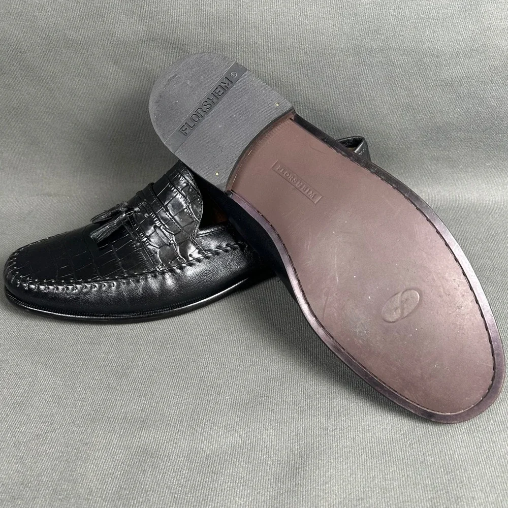 Florsheim Pica Mens Black Croc Embossed Leather Tassel Loafers Dress Shoes 13D